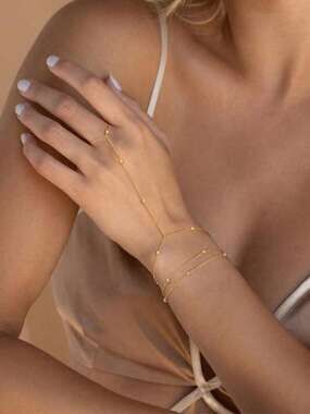 1pc Stainless Steel Finger Bracelet Chain, 18K Gold Plated Satellite Bead Chain